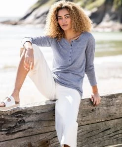 Celtic & Co. Cornflower Blue Stripe Linen Henley Top