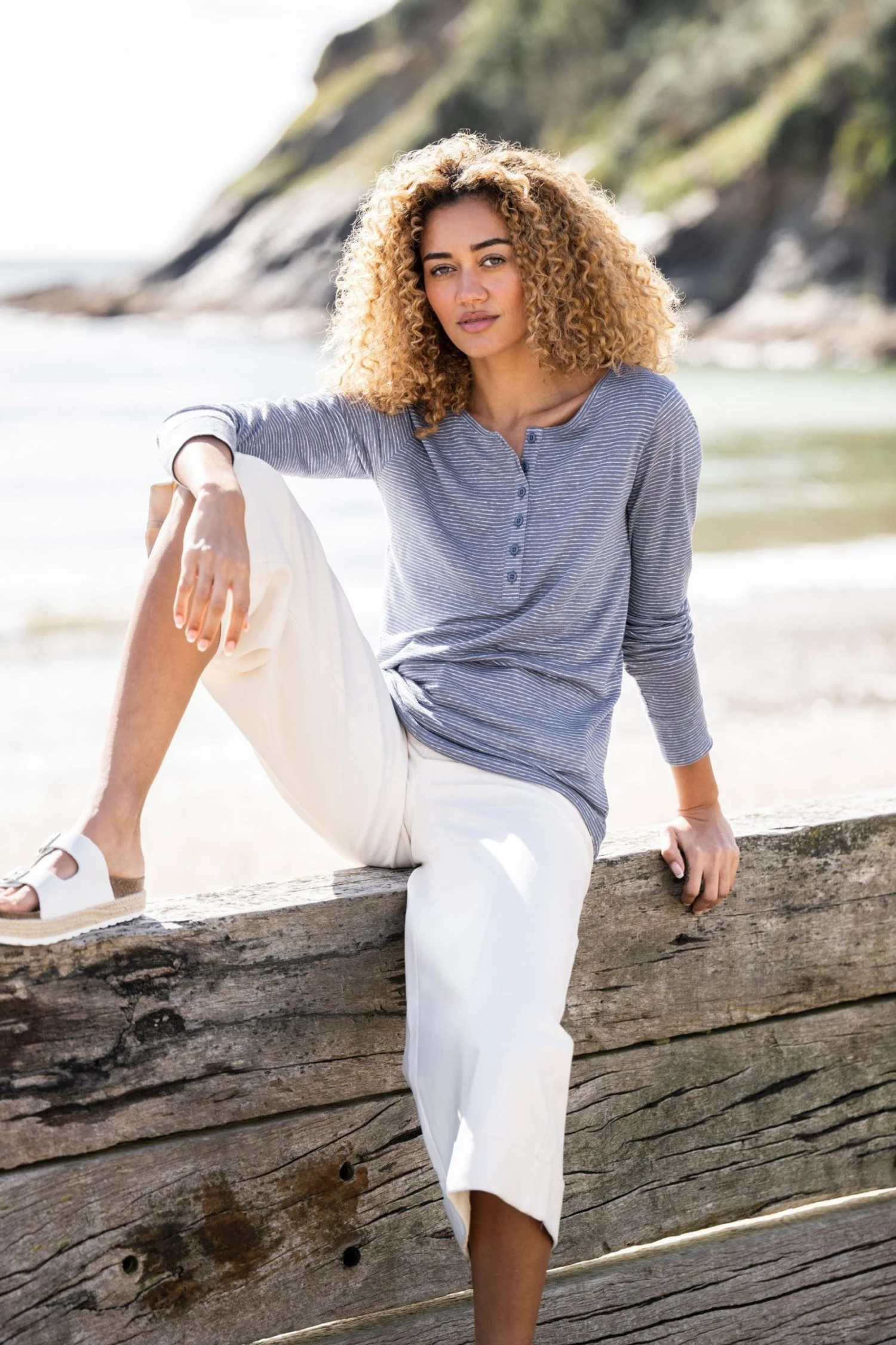 Celtic & Co. Cornflower Blue Stripe Linen Henley Top 3 Celtic & Co. Cornflower Blue Stripe Linen Henley Top