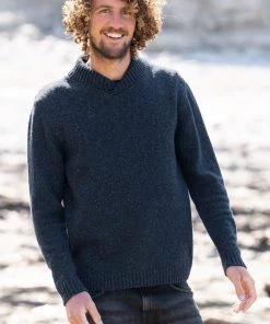 Celtic & Co. Men Blue Donegal Shawl Collar Jumper