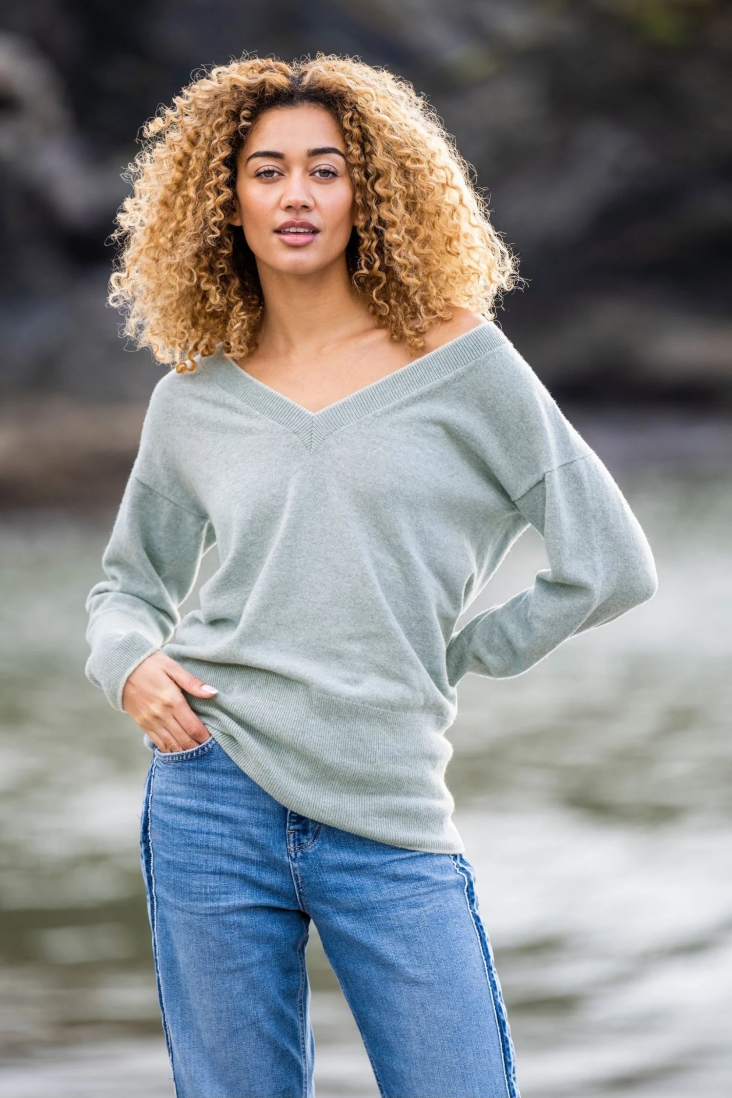 Celtic & Co. Blue Skylight And Fossil Tipped Supersoft V Jumper 3 Celtic & Co. Blue Skylight And Fossil Tipped Supersoft V Jumper