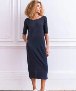 Celtic & Co. Navy Blue Linen/Cotton Button Back Dress