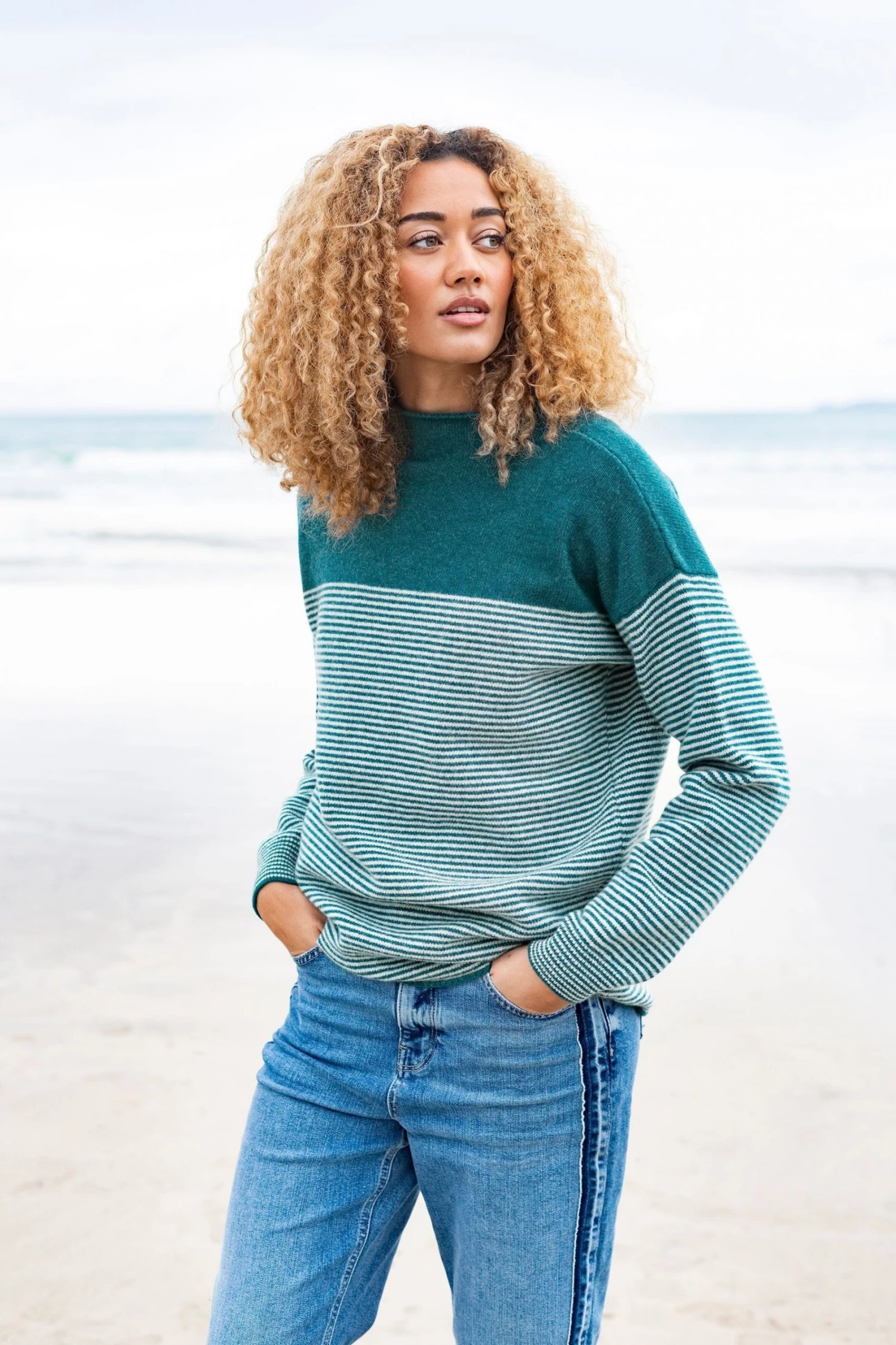 Celtic & Co. Celtic & Co Blue Icelandic Stripe Felted Funnel Neck Jumper 4 Celtic & Co. Celtic & Co Blue Icelandic Stripe Felted Funnel Neck Jumper - Image 2